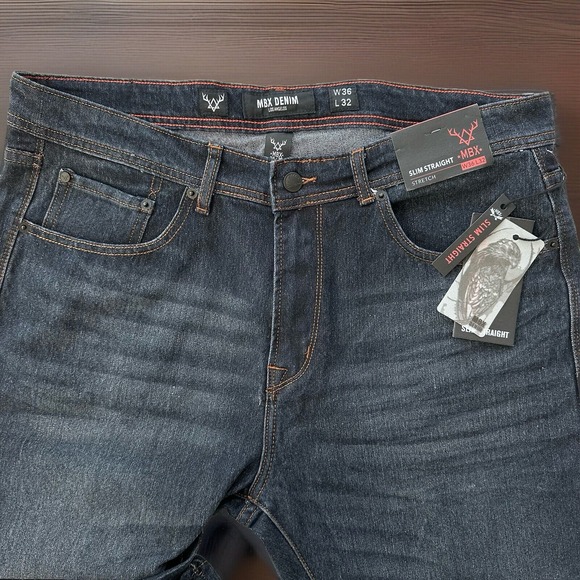 MBX Denim Men's Slim Straight Stretch Jeans Dark Wash Blue measure 38x31 NWT $58 - Picture 2 of 6